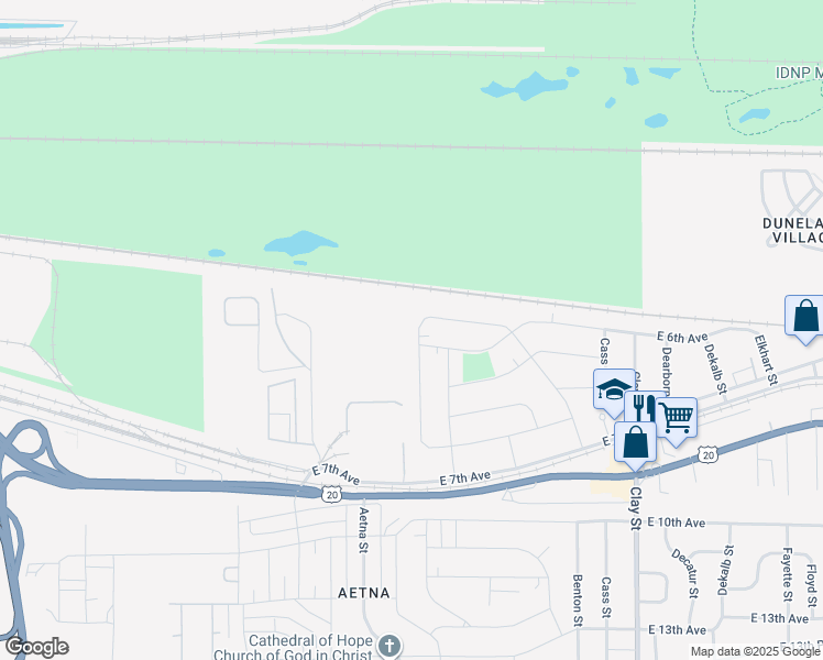 map of restaurants, bars, coffee shops, grocery stores, and more near 558 South New Jersey Street in Gary