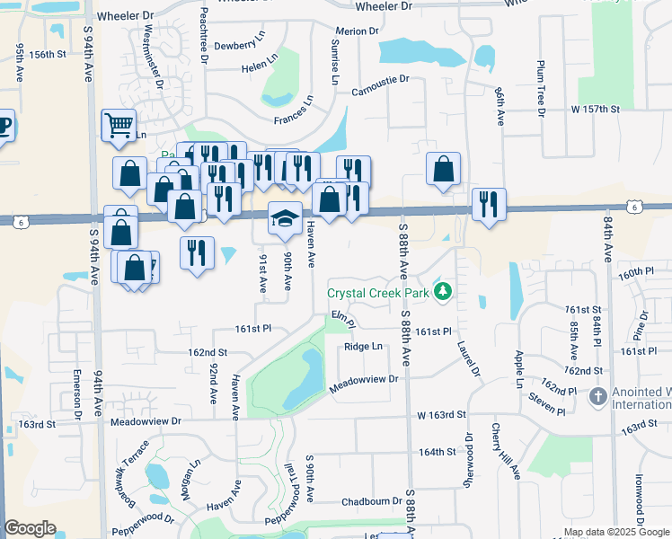 map of restaurants, bars, coffee shops, grocery stores, and more near 8901 159th Street in Orland Hills