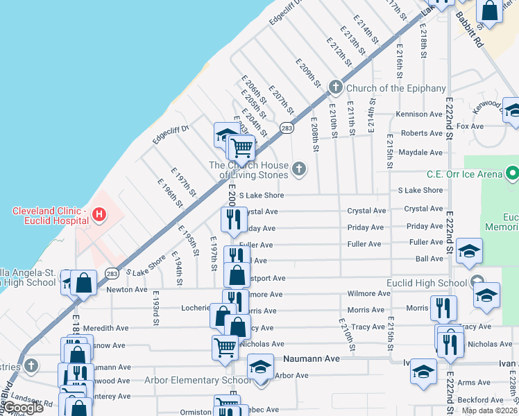 map of restaurants, bars, coffee shops, grocery stores, and more near 20251 Crystal Avenue in Euclid