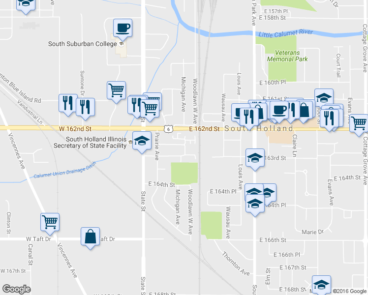 map of restaurants, bars, coffee shops, grocery stores, and more near 141 East 163rd Street in South Holland
