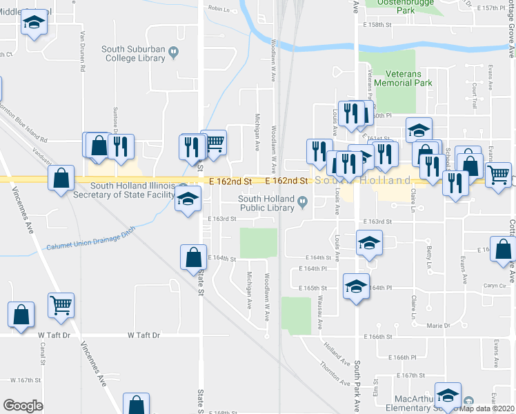 map of restaurants, bars, coffee shops, grocery stores, and more near 141 East 163rd Street in South Holland