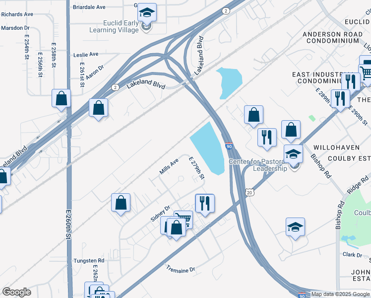 map of restaurants, bars, coffee shops, grocery stores, and more near 1300 East 276th Street in Euclid
