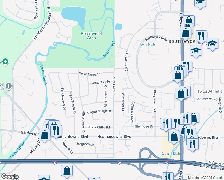 map of restaurants, bars, coffee shops, grocery stores, and more near 2214 Plum Leaf Lane in Toledo