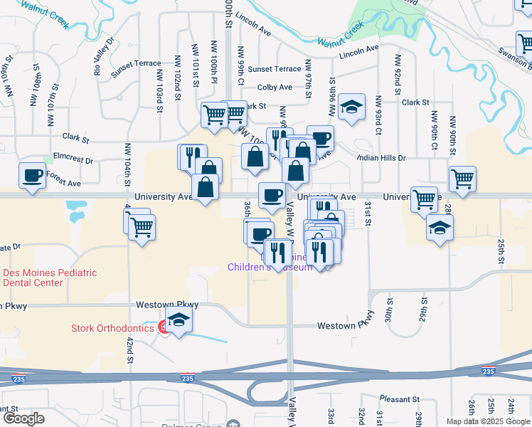 map of restaurants, bars, coffee shops, grocery stores, and more near 1800 Valley West Drive in West Des Moines
