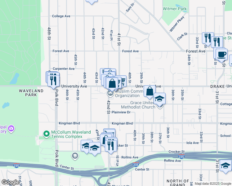 map of restaurants, bars, coffee shops, grocery stores, and more near 4100 University Avenue in Des Moines