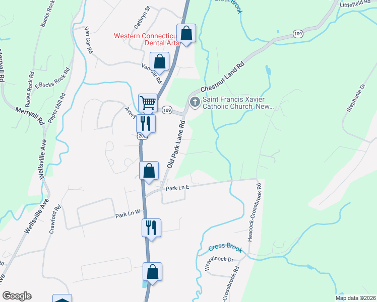 map of restaurants, bars, coffee shops, grocery stores, and more near 5 Oakwood Lane in New Milford