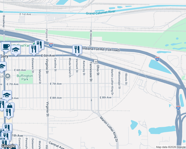 map of restaurants, bars, coffee shops, grocery stores, and more near 632 Tennessee Street in Gary