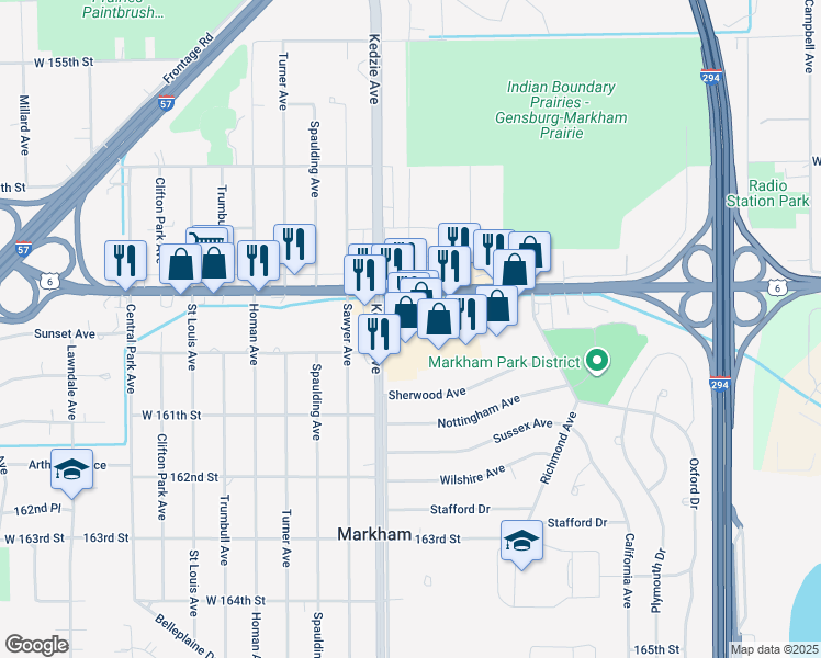 map of restaurants, bars, coffee shops, grocery stores, and more near 3067 West 159th Street in Markham