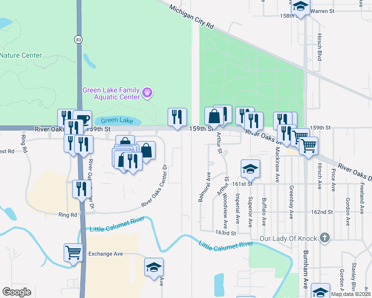 map of restaurants, bars, coffee shops, grocery stores, and more near 1242 River Drive in Calumet City