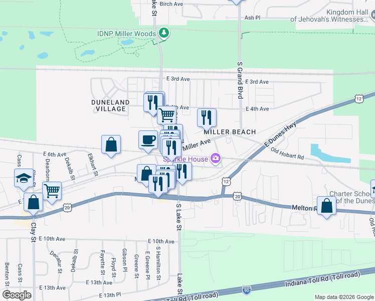map of restaurants, bars, coffee shops, grocery stores, and more near 6025 Miller Avenue in Gary