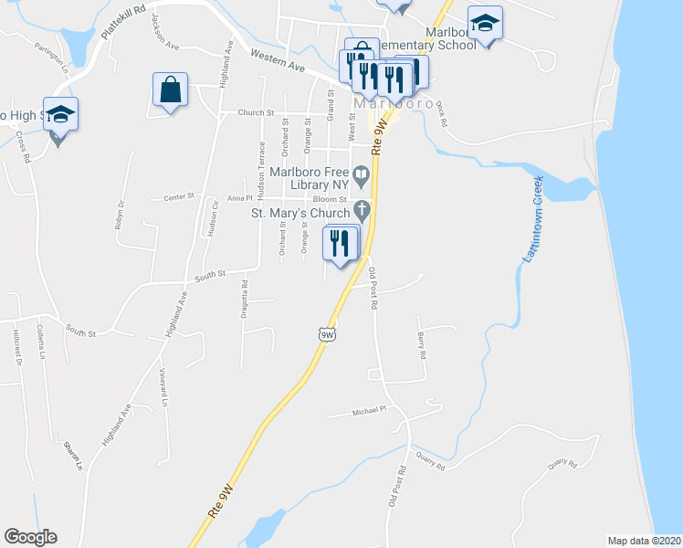 map of restaurants, bars, coffee shops, grocery stores, and more near 1191 Route 9W in Marlboro