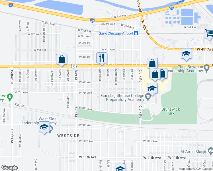map of restaurants, bars, coffee shops, grocery stores, and more near 612 Mount Street in Gary