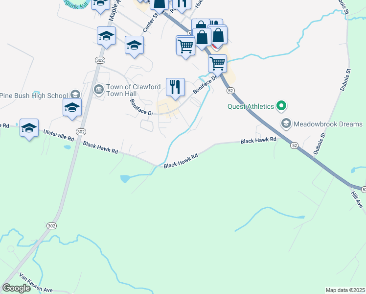 map of restaurants, bars, coffee shops, grocery stores, and more near 67 Boniface Drive in Pine Bush