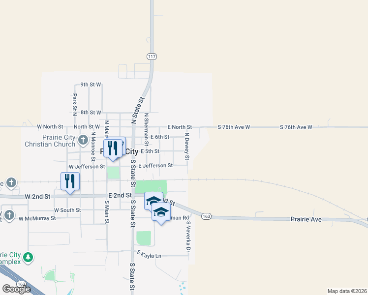 map of restaurants, bars, coffee shops, grocery stores, and more near 606 East 5th Street in Prairie City