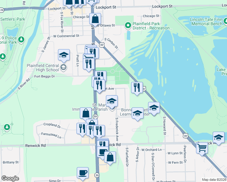 map of restaurants, bars, coffee shops, grocery stores, and more near 15607 South Frederick Avenue in Plainfield