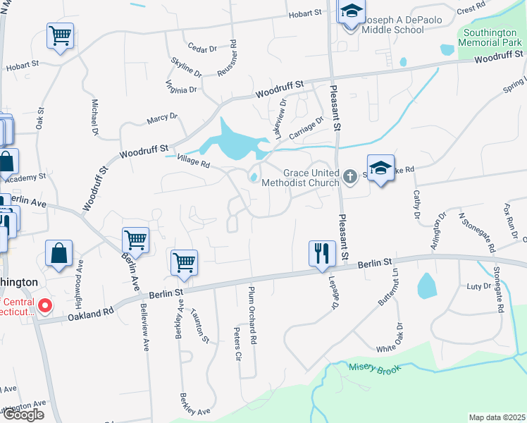 map of restaurants, bars, coffee shops, grocery stores, and more near 7 Hickory Hill Road in Southington