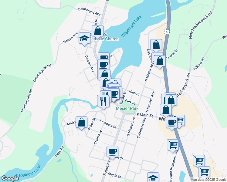 map of restaurants, bars, coffee shops, grocery stores, and more near 20 Mill Street in Wappingers Falls