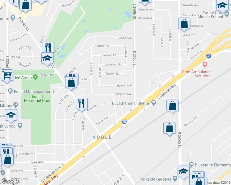 map of restaurants, bars, coffee shops, grocery stores, and more near 24650 Stephen Avenue in Euclid