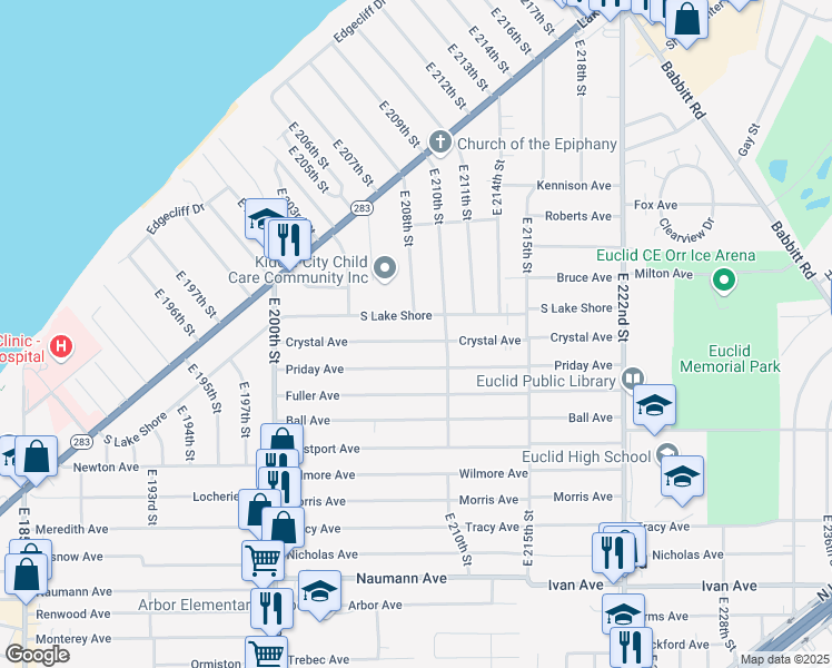 map of restaurants, bars, coffee shops, grocery stores, and more near 20771 Crystal Avenue in Euclid