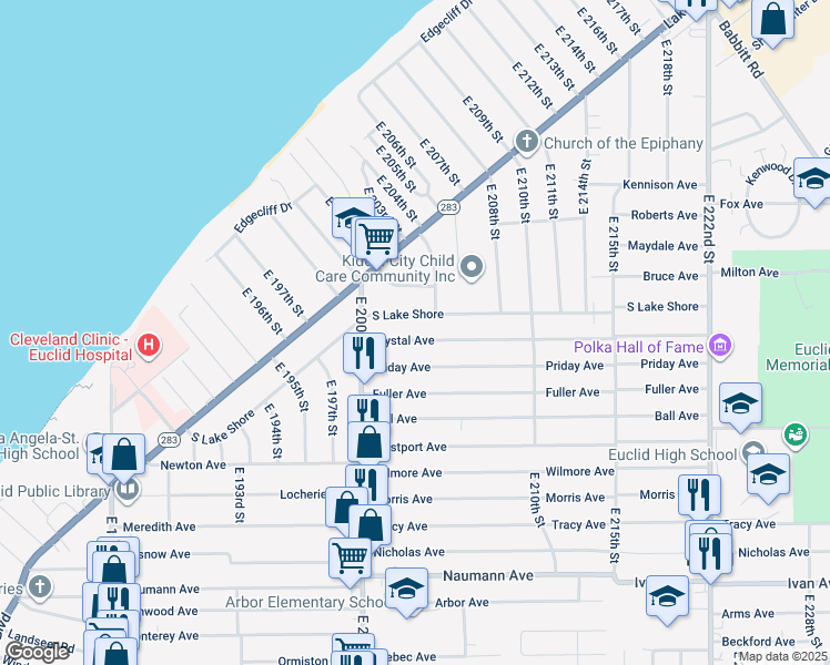 map of restaurants, bars, coffee shops, grocery stores, and more near 20271 Crystal Avenue in Euclid