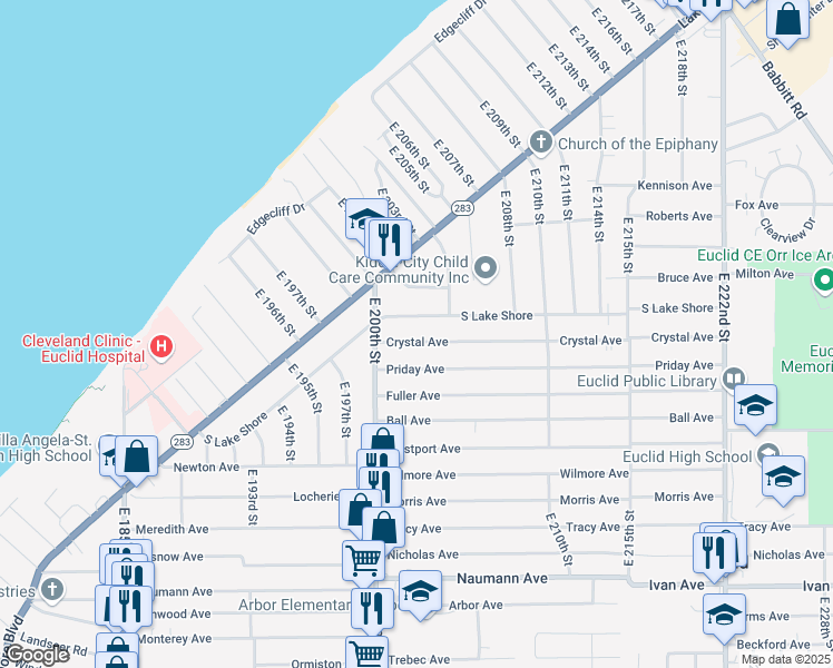 map of restaurants, bars, coffee shops, grocery stores, and more near 20271 Crystal Avenue in Euclid