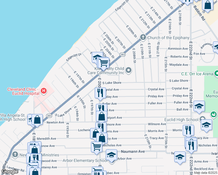 map of restaurants, bars, coffee shops, grocery stores, and more near 20271 Crystal Avenue in Euclid