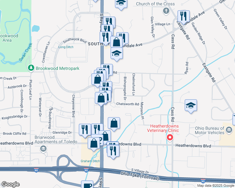map of restaurants, bars, coffee shops, grocery stores, and more near 2221 Foxbourne Road in Toledo