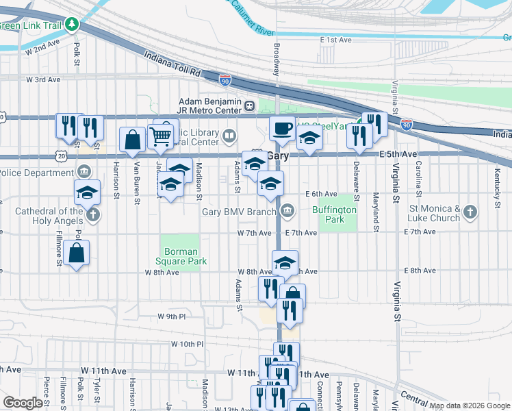 map of restaurants, bars, coffee shops, grocery stores, and more near in Gary