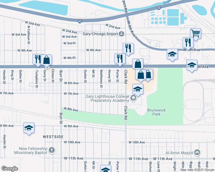 map of restaurants, bars, coffee shops, grocery stores, and more near 619 Hovey Street in Gary