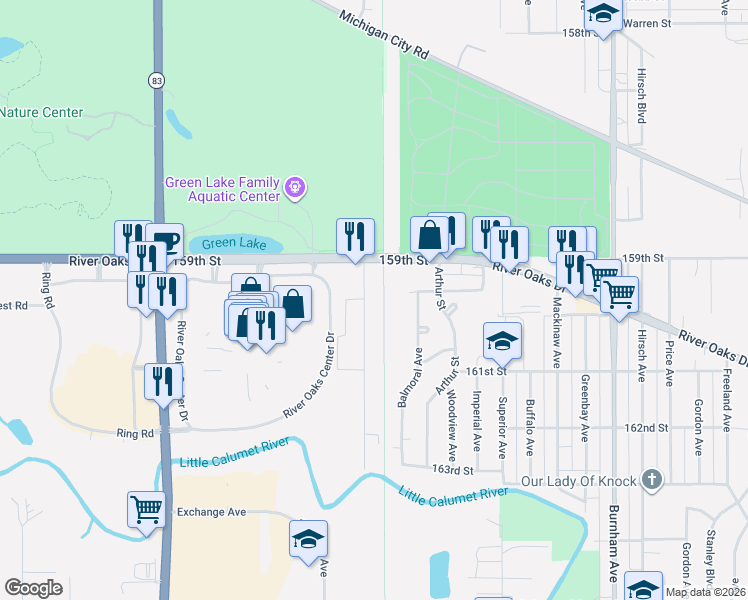 map of restaurants, bars, coffee shops, grocery stores, and more near 1242 River Drive in Calumet City
