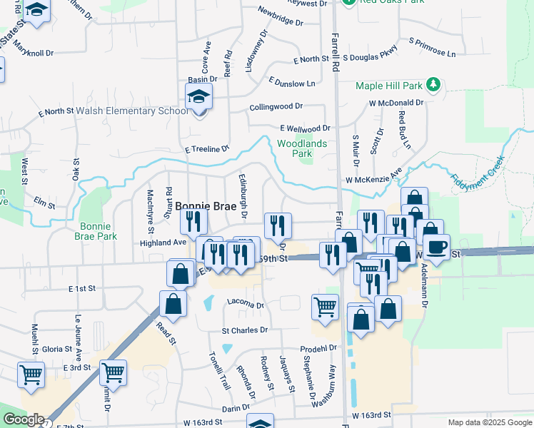 map of restaurants, bars, coffee shops, grocery stores, and more near 1220 Highland Avenue in Lockport