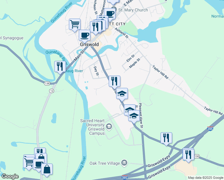 map of restaurants, bars, coffee shops, grocery stores, and more near 169 Slater Avenue in Griswold