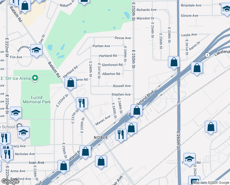 map of restaurants, bars, coffee shops, grocery stores, and more near 24650 Stephen Avenue in Euclid