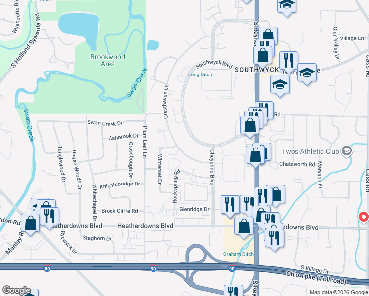 map of restaurants, bars, coffee shops, grocery stores, and more near 5461 Cresthaven Lane in Toledo