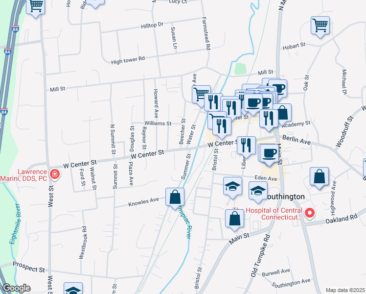 map of restaurants, bars, coffee shops, grocery stores, and more near 151 Center Street in Southington
