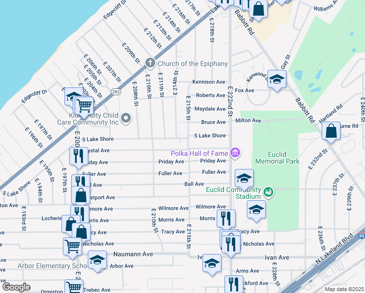map of restaurants, bars, coffee shops, grocery stores, and more near 21451 Crystal Avenue in Euclid