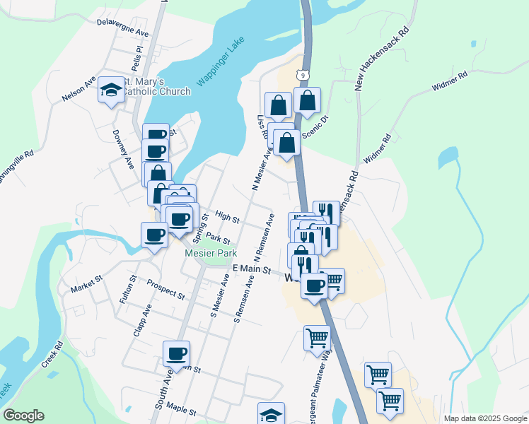 map of restaurants, bars, coffee shops, grocery stores, and more near 7 Veterans Place in Wappingers Falls
