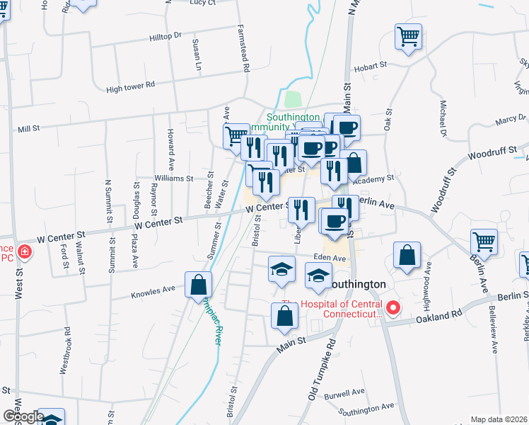 map of restaurants, bars, coffee shops, grocery stores, and more near 15 Bristol Street in Southington