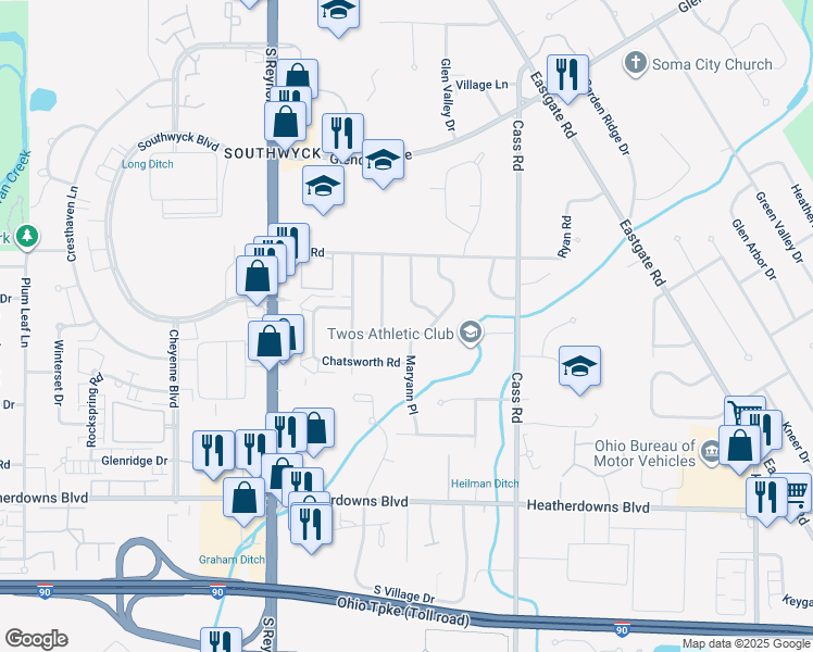 map of restaurants, bars, coffee shops, grocery stores, and more near 4956 Lynbridge Lane in Toledo