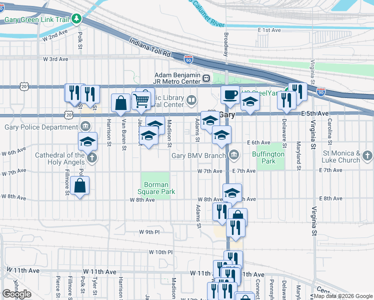 map of restaurants, bars, coffee shops, grocery stores, and more near 625 Jefferson Street in Gary