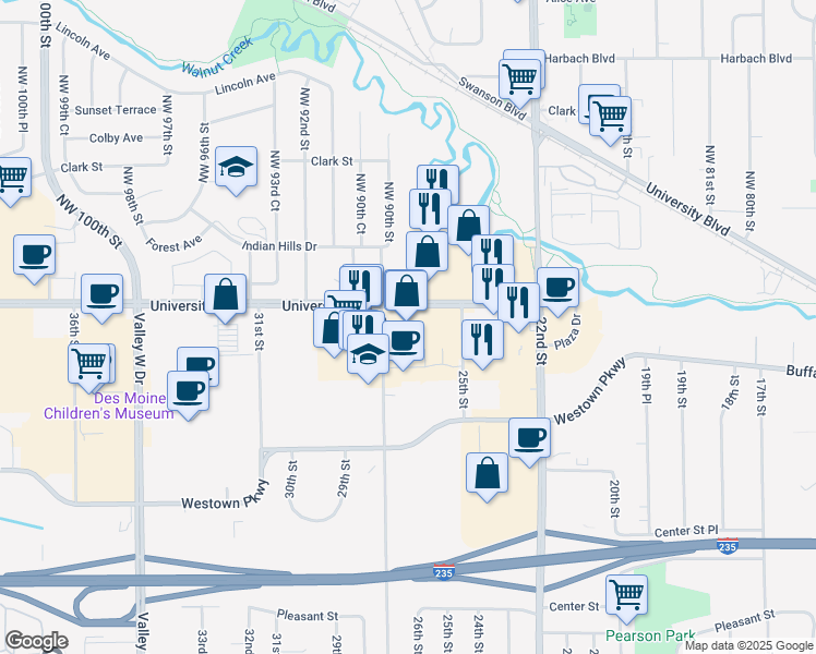 map of restaurants, bars, coffee shops, grocery stores, and more near 2700 University Avenue in West Des Moines