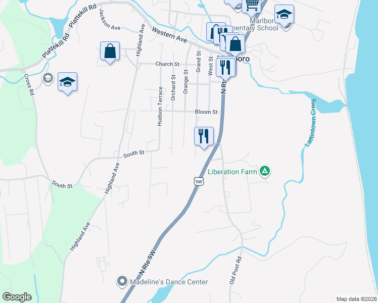 map of restaurants, bars, coffee shops, grocery stores, and more near 94 Grand Street in Marlboro