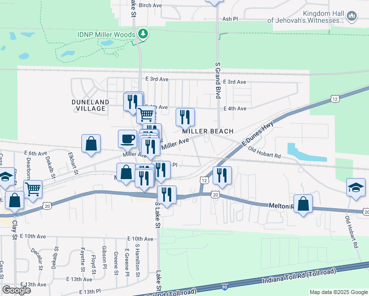 map of restaurants, bars, coffee shops, grocery stores, and more near 6109 Miller Avenue in Gary