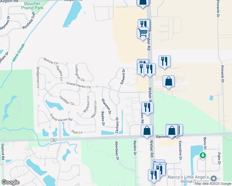 map of restaurants, bars, coffee shops, grocery stores, and more near 674 Edward Drive in Romeoville