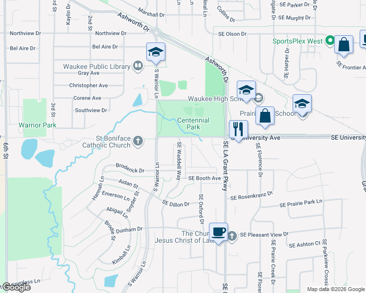 map of restaurants, bars, coffee shops, grocery stores, and more near 1275 Southeast Waddell Way in Waukee