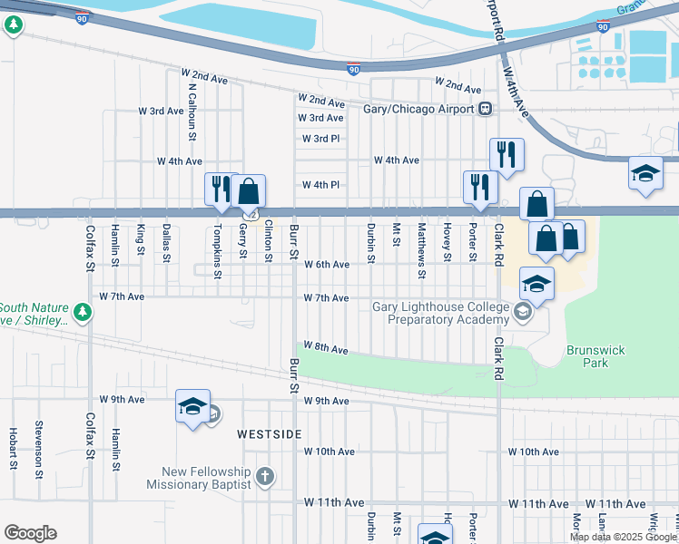 map of restaurants, bars, coffee shops, grocery stores, and more near 610 Hanley Street in Gary