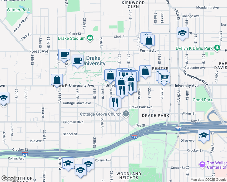 map of restaurants, bars, coffee shops, grocery stores, and more near 1140 26th Street in Des Moines