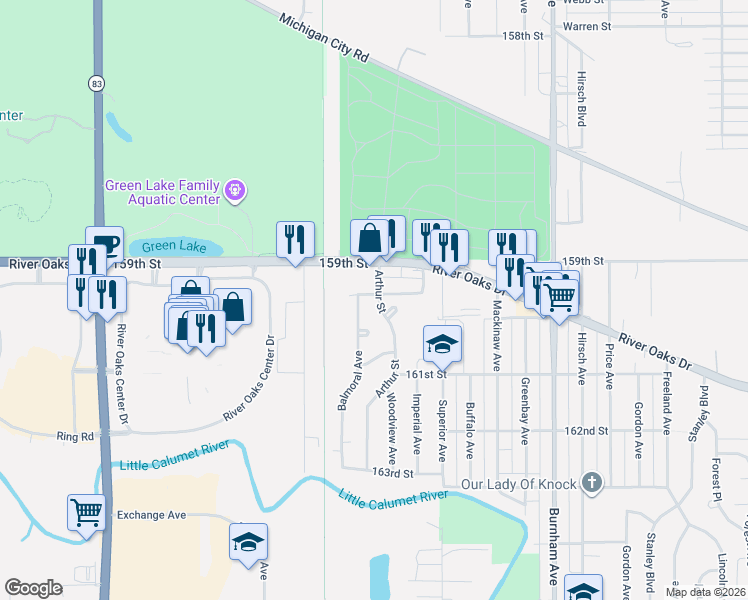 map of restaurants, bars, coffee shops, grocery stores, and more near 1231 Balmoral Avenue in Calumet City
