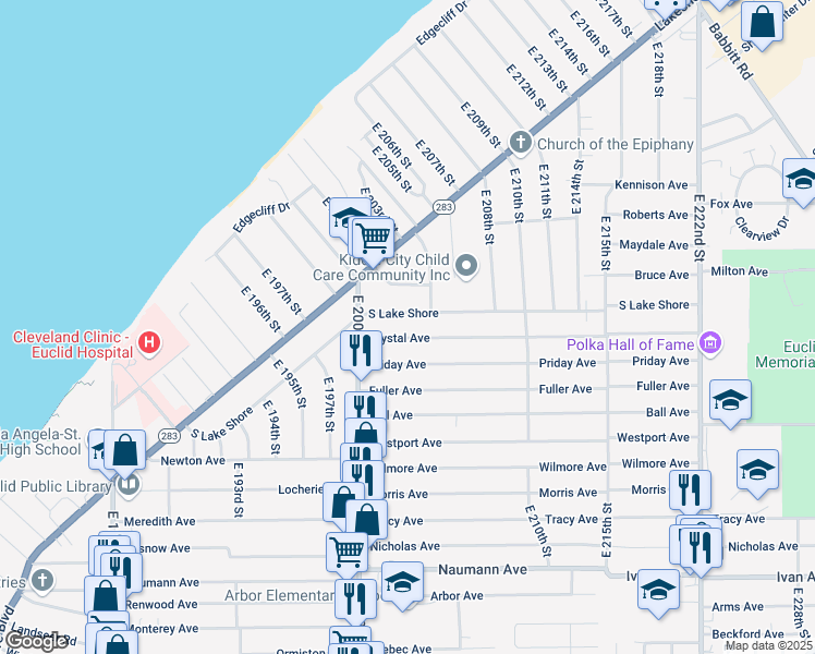map of restaurants, bars, coffee shops, grocery stores, and more near 20271 Crystal Avenue in Euclid