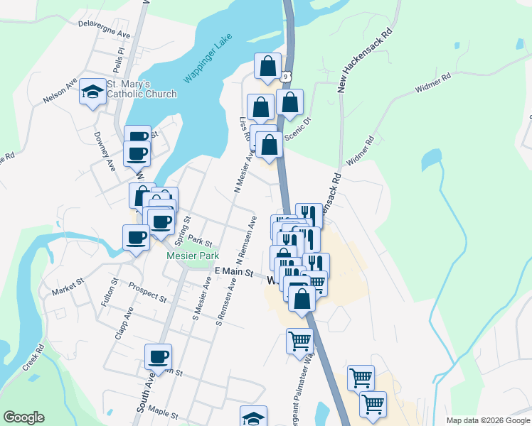 map of restaurants, bars, coffee shops, grocery stores, and more near 4 Colonial Drive in Wappingers Falls